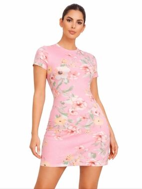 Pink Floral T-Shirt Dress Chic Summer Casual Mini L